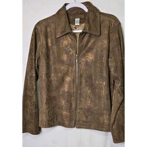 Chico's‎ Leather Jacket Women's 1 Large Reptile Print Metallic Gold Full Zip